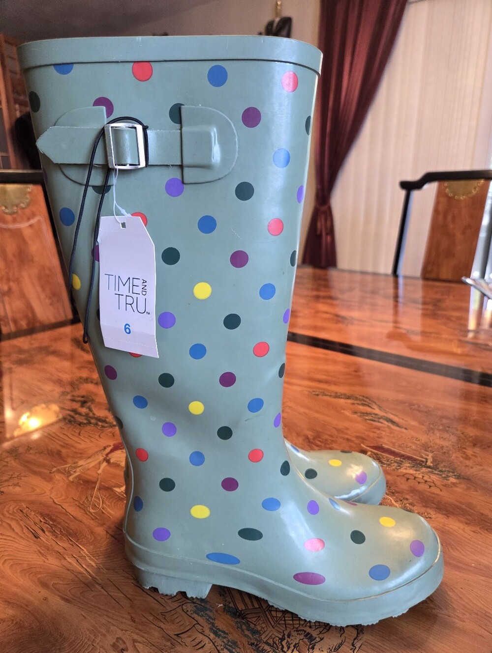 Time and Tru Green Rain Boots with Multicolor Polka Dots Sz 6, NWT